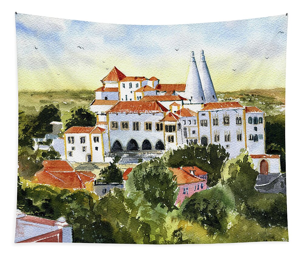 Portugal Tapestry featuring the painting Sintra National Palace Painting by Dora Hathazi Mendes