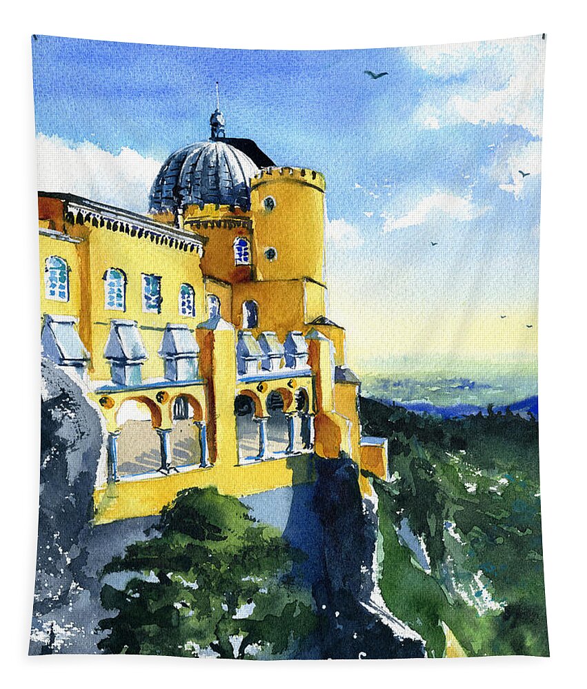 Portugal Tapestry featuring the painting Sintra Pena Palace in Portugal by Dora Hathazi Mendes