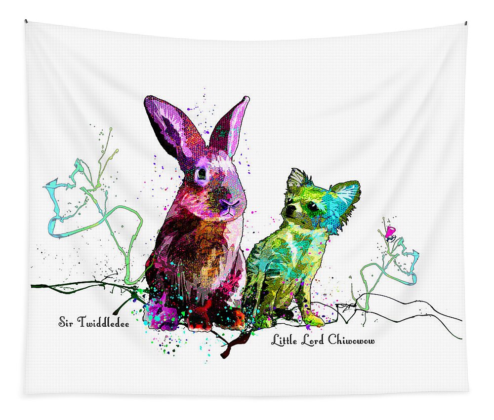 Rabbit Tapestry featuring the mixed media Sir Twiddledee And Little Lord Chiwowow by Miki De Goodaboom