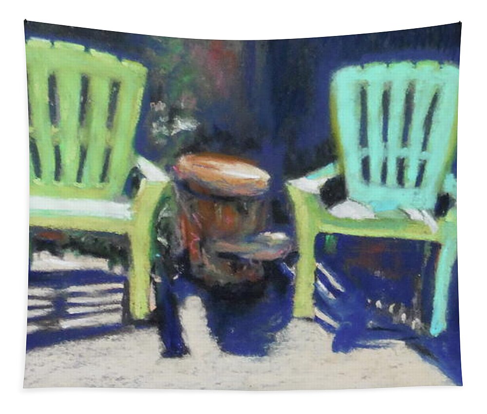 Green Chairs Tapestry featuring the pastel Sit Awhile by Sandra Lee Scott