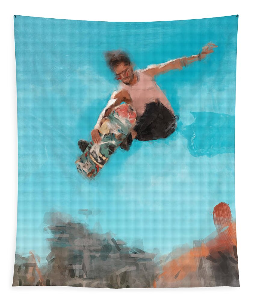 Skateboard Tapestry featuring the painting Skateboarder Jump by Gary Arnold