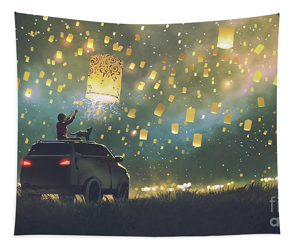 Illustration Tapestry featuring the painting Sky lanterns in a starry night by Tithi Luadthong