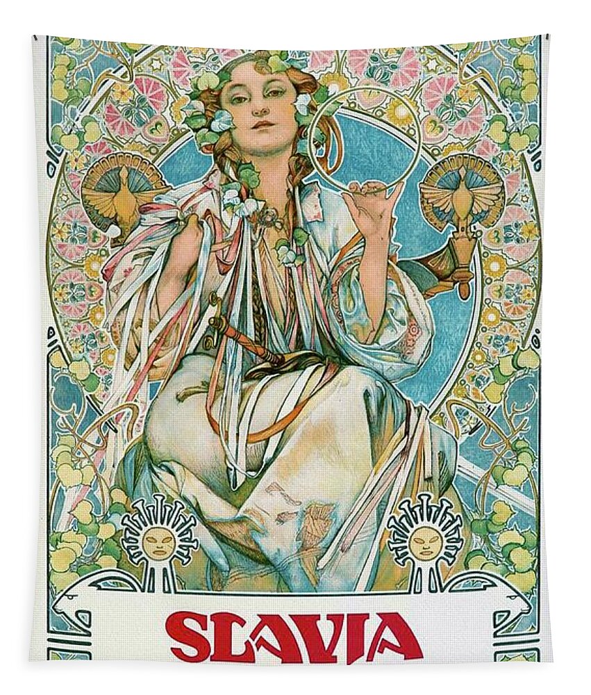 Poster Tapestry featuring the painting Slavia 1907 Mucha Art Nouveau Poster by Vincent Monozlay