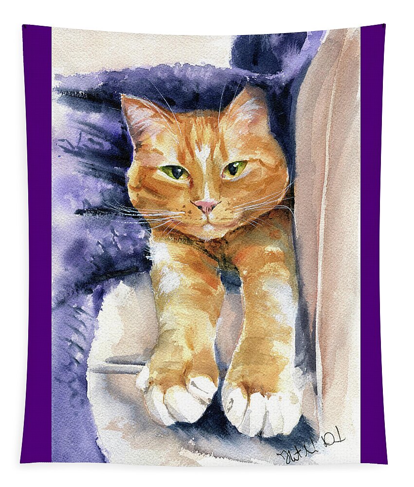Sleepy Kitten Tapestry featuring the painting Sleepy Ginger Kitty Painting by Dora Hathazi Mendes