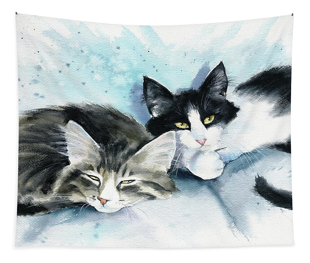 Cat Paintings Tapestry featuring the painting Sleepyheads Cat Painting by Dora Hathazi Mendes