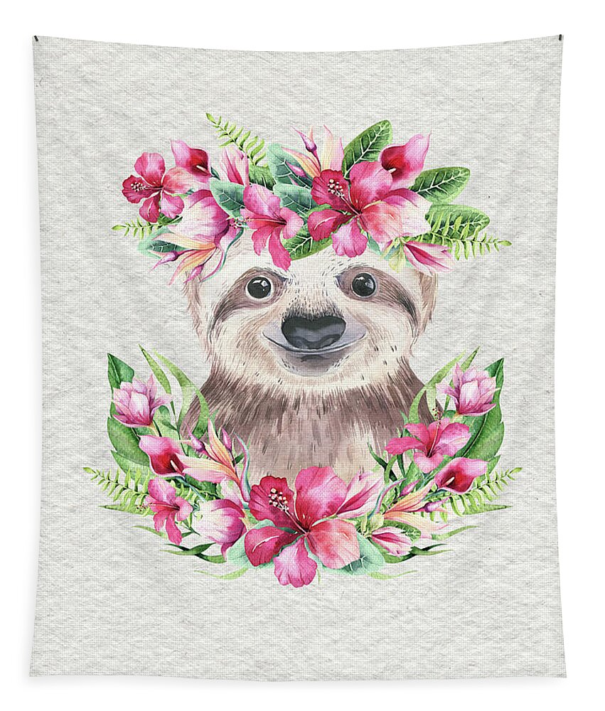 Sloth With Flowers Tapestry featuring the painting Sloth With Flowers by Nursery Art