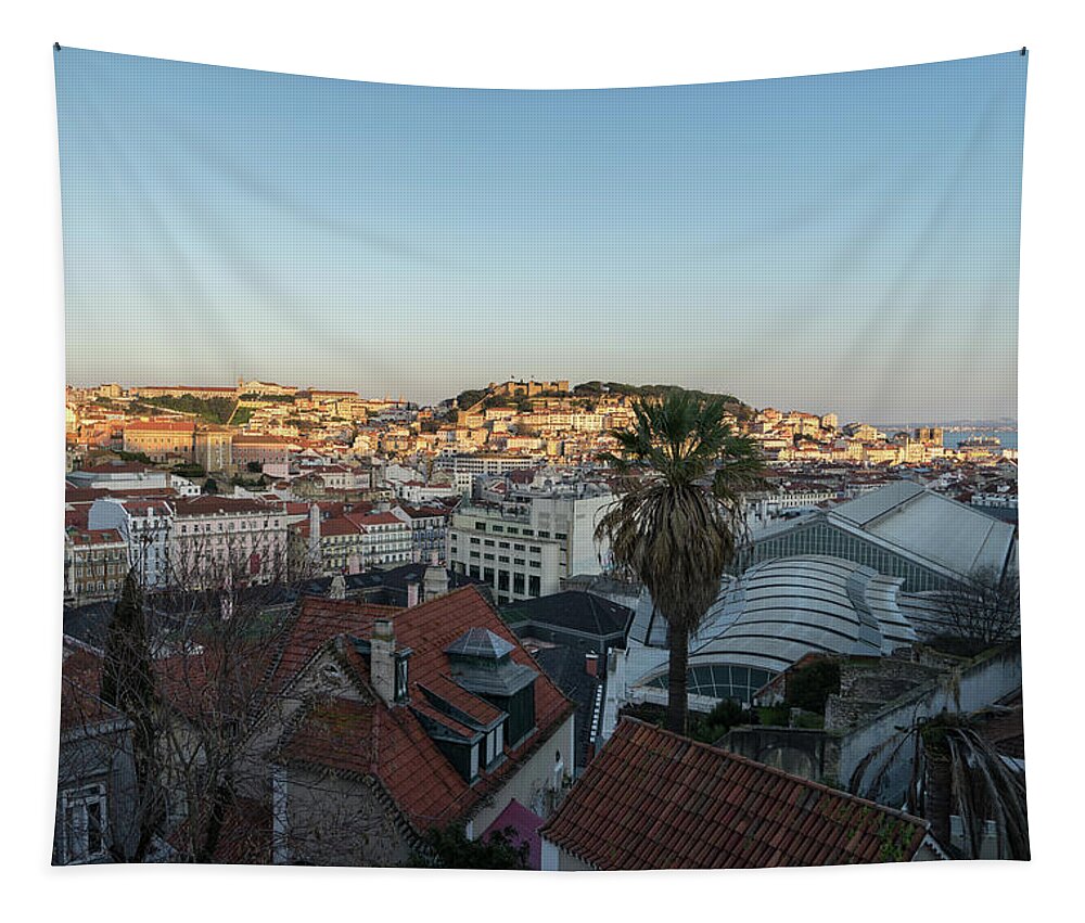 Slow Dusk Tapestry featuring the photograph Slow Dusk over Lisbon Portugal by Georgia Mizuleva