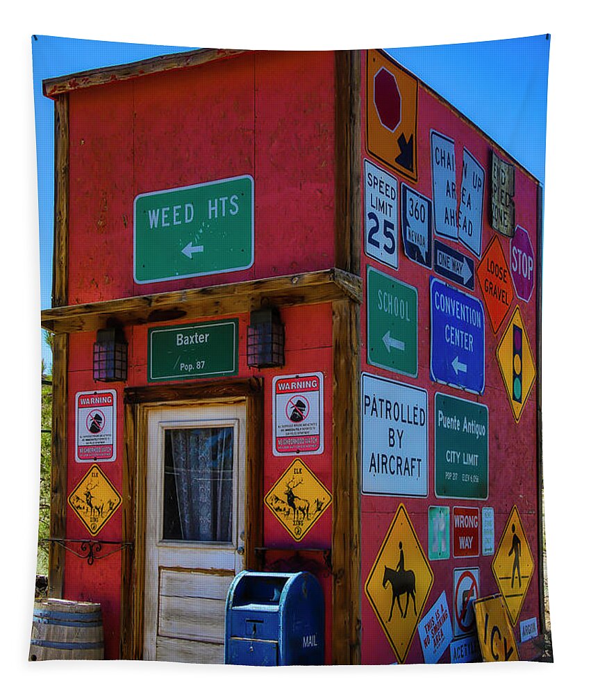 House Tapestry featuring the photograph Small Building With Road Signs by Garry Gay