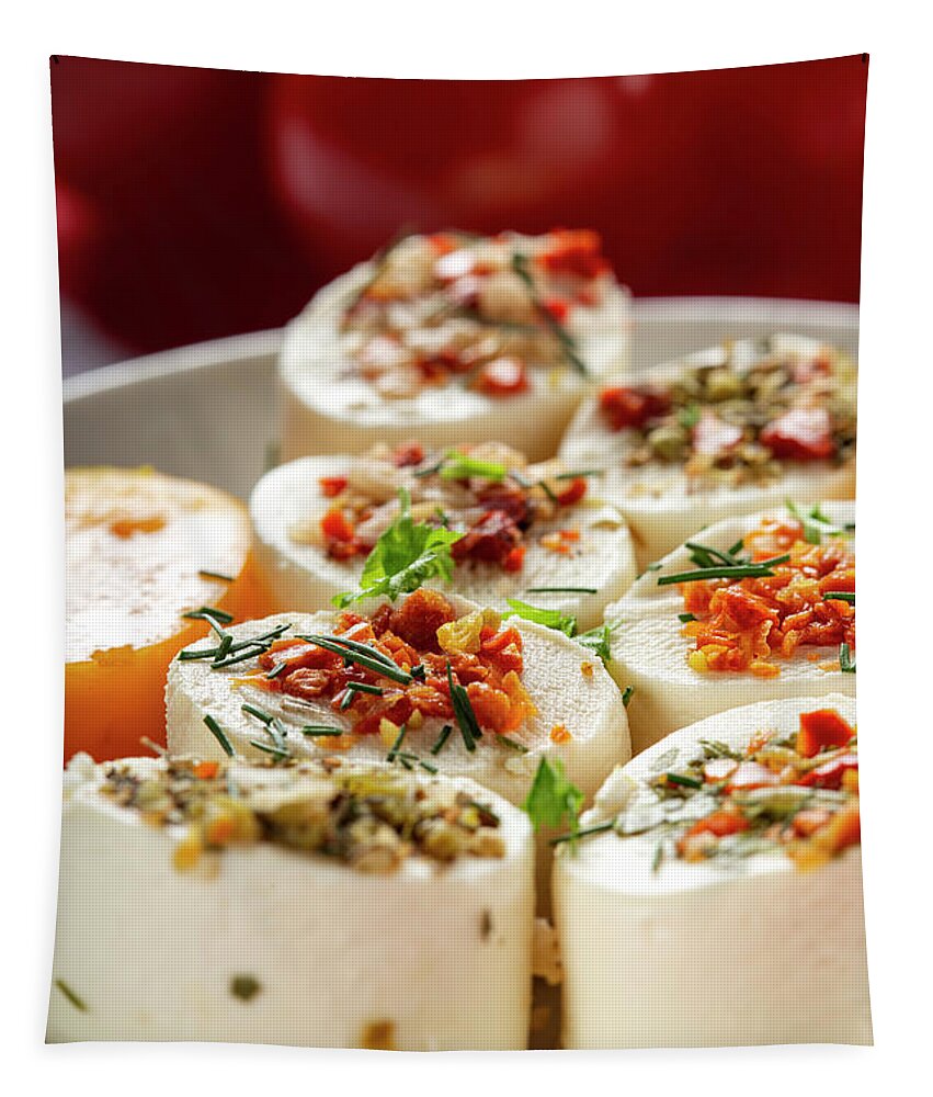 Cheese Tapestry featuring the photograph Small cheese appetizers with herbs and dried vegetables by Sebastian Radu