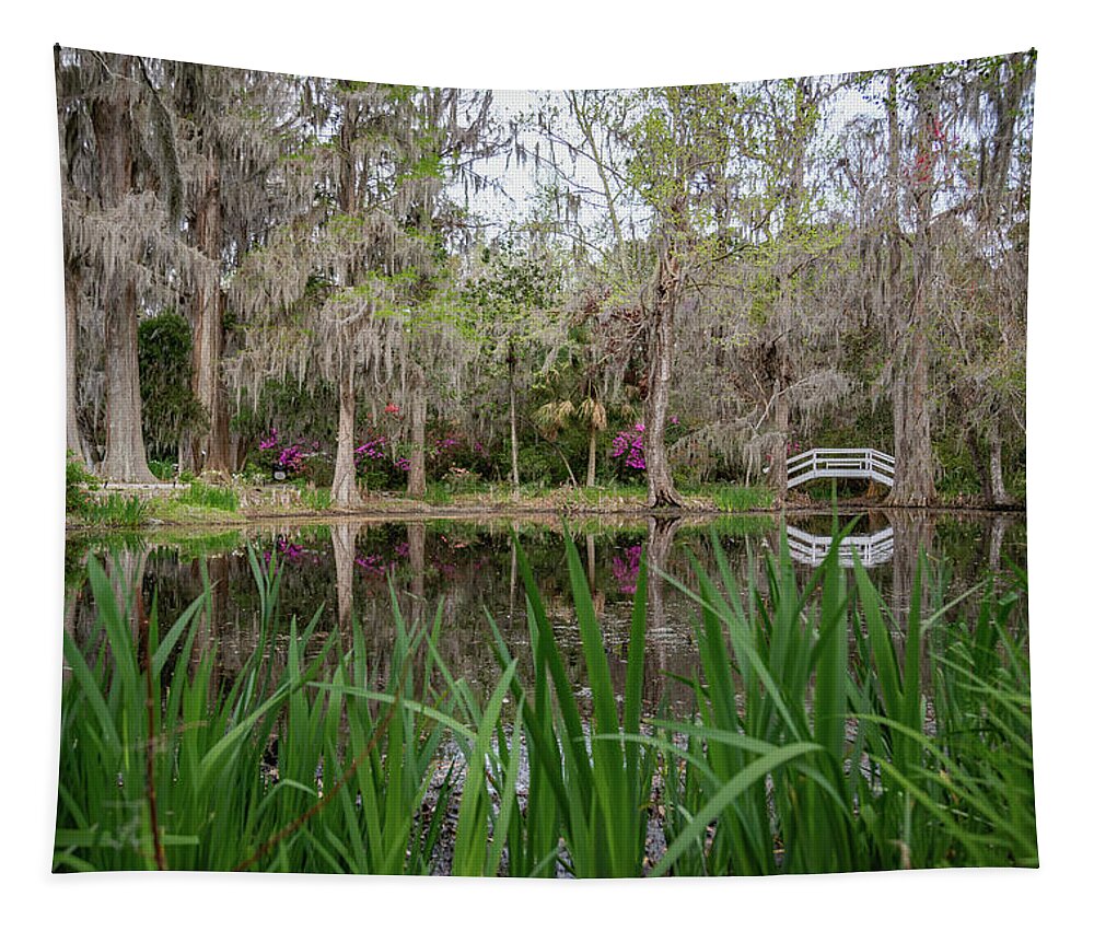 Bridge Tapestry featuring the photograph Small White Bridge in Garden by Cindy Robinson