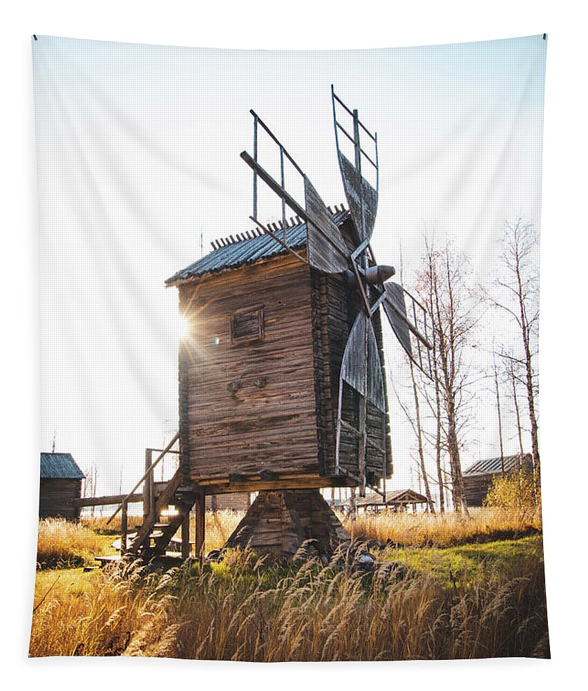 Medieval Tapestry featuring the photograph Small wooden mill with beautiful sun star by Vaclav Sonnek