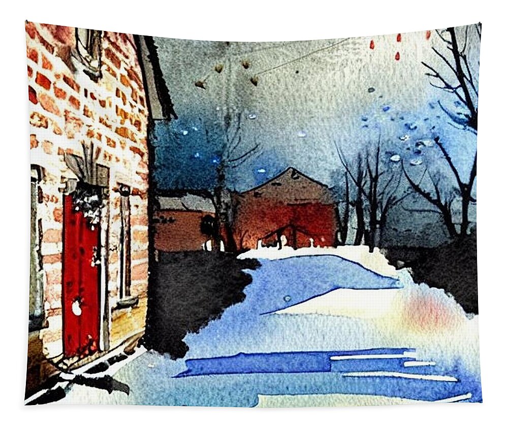 Waterloo Village Tapestry featuring the painting Smith's Store Waterloo Village, Morris Canal, In Winter by Christopher Lotito