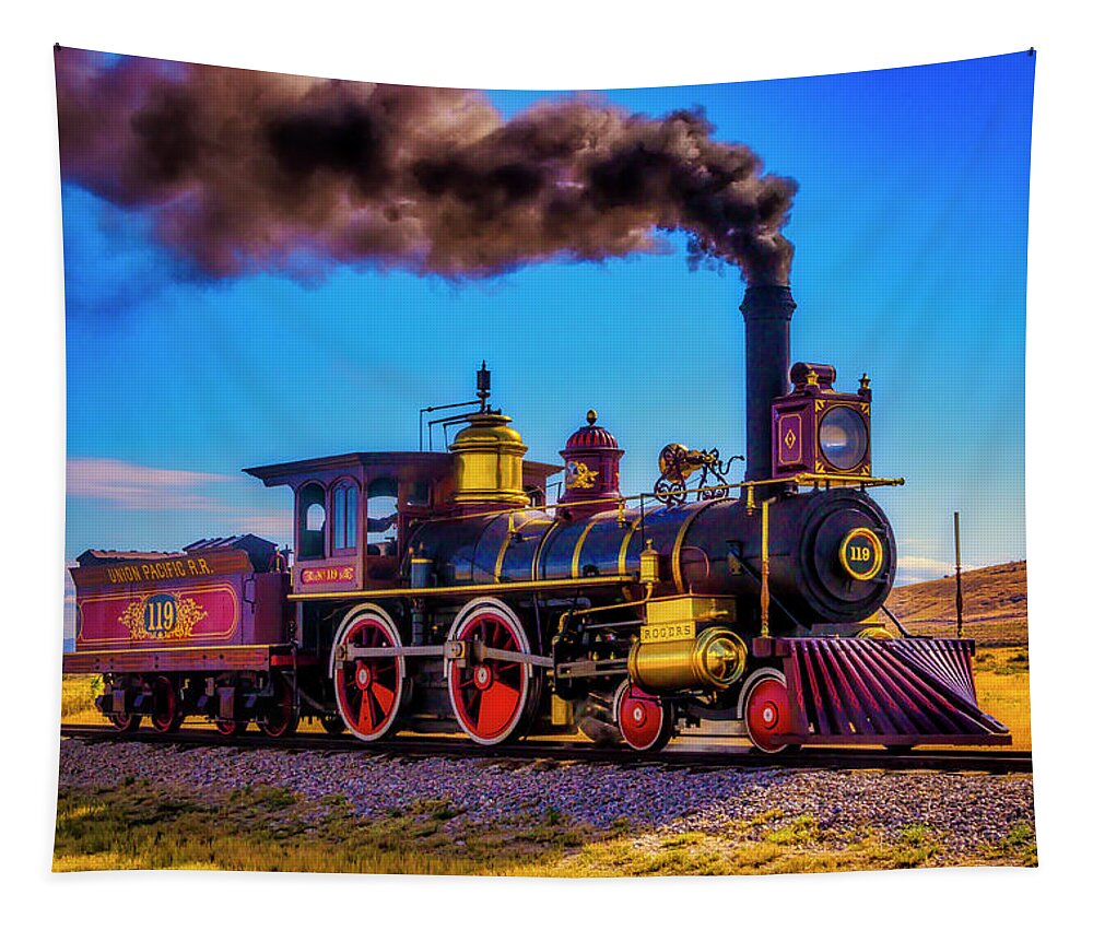 The 119 Union Pacific Engine Tapestry featuring the photograph Smoking 119 by Garry Gay