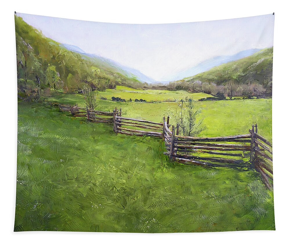 Snake Fence Tapestry featuring the painting Snake Fence - The Land Before The Dam by Hone Williams
