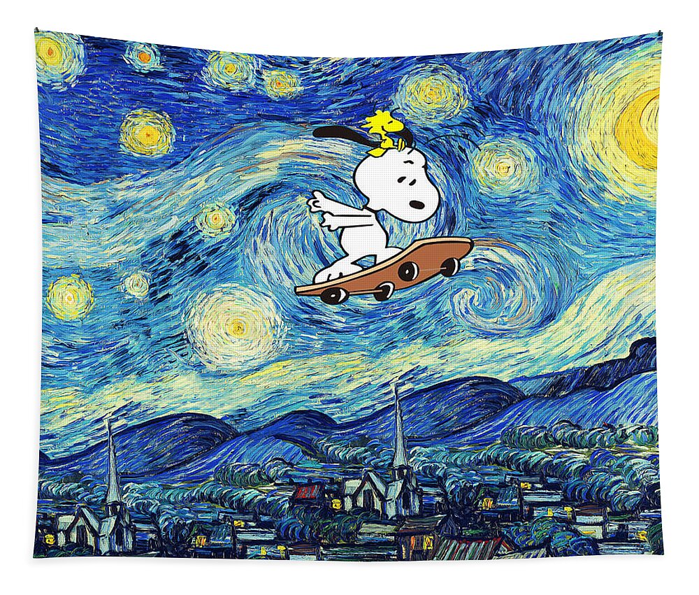 Snoopy -starry Night - Starry Night Van Gogh Tapestry featuring the digital art Snoopy -Starry Night by Linyan Chen