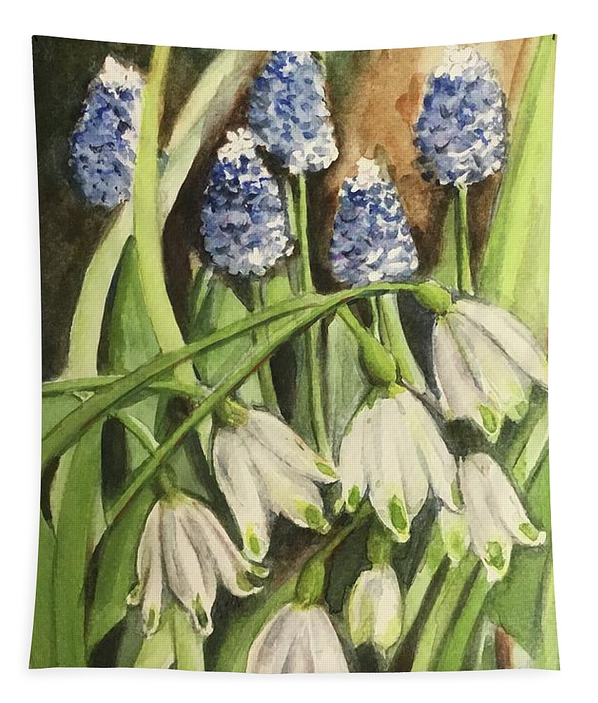 Spring Tapestry featuring the painting Snow bells and blue bells by Sonia Mocnik