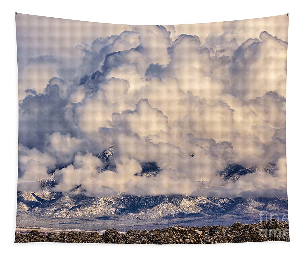 Taos Tapestry featuring the photograph Snow Clouds over Taos Mountain by Elijah Rael