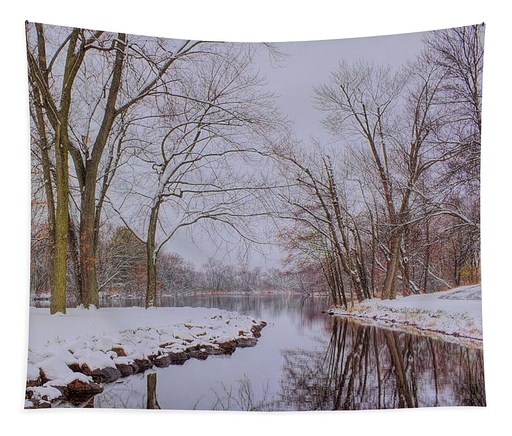Wausau Tapestry featuring the photograph Snow Covered Oak Park And Reflection by Dale Kauzlaric