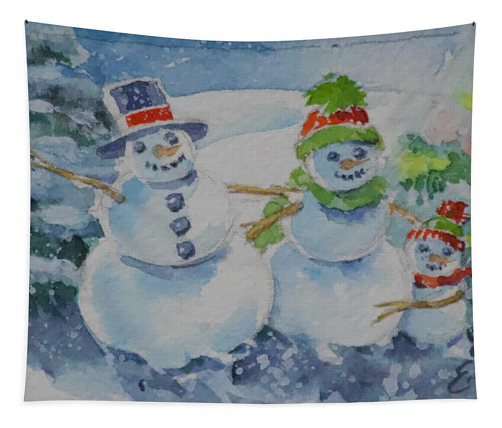 Snowman Tapestry featuring the painting Snow Family WC by Linda Eades Blackburn