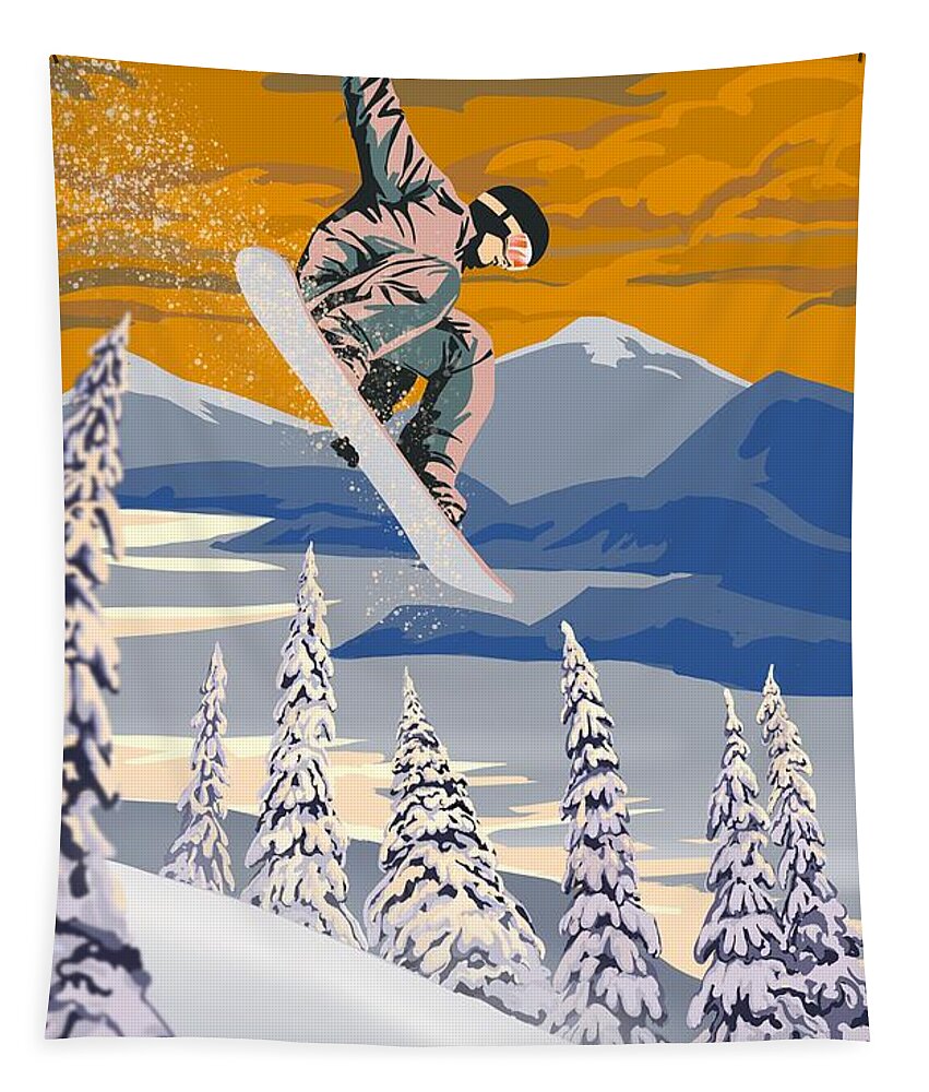 Snowboard Tapestry featuring the painting Snowboarder Air by Sassan Filsoof