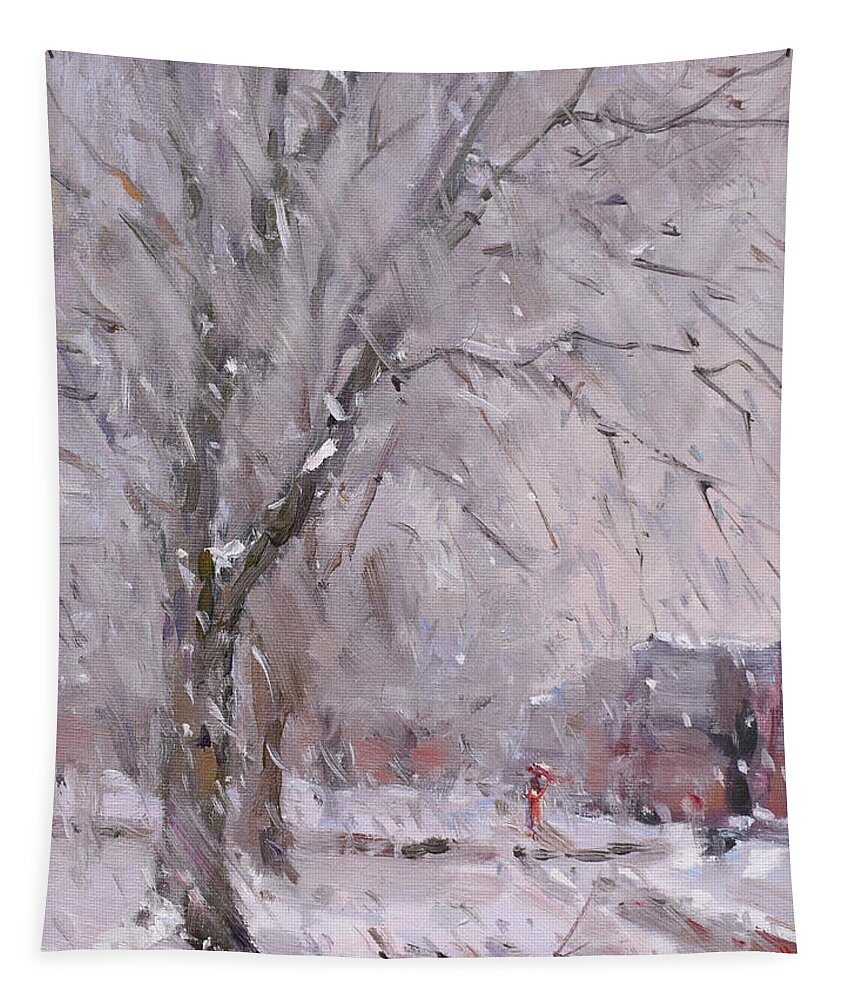 Snowfal Tapestry featuring the painting Snowfall in New Year Eve by Ylli Haruni