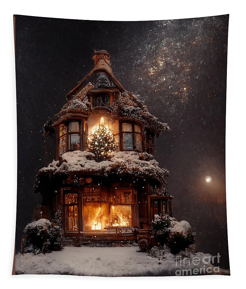 Snowfall Tapestry featuring the mixed media Snowfall with Snowball Moon III by Jay Schankman