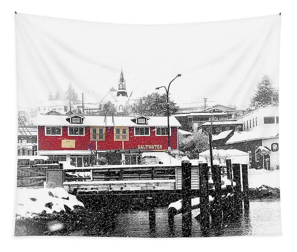 Selective Color Tapestry featuring the photograph Snowing Poulsbo Waterfront by Jerry Abbott