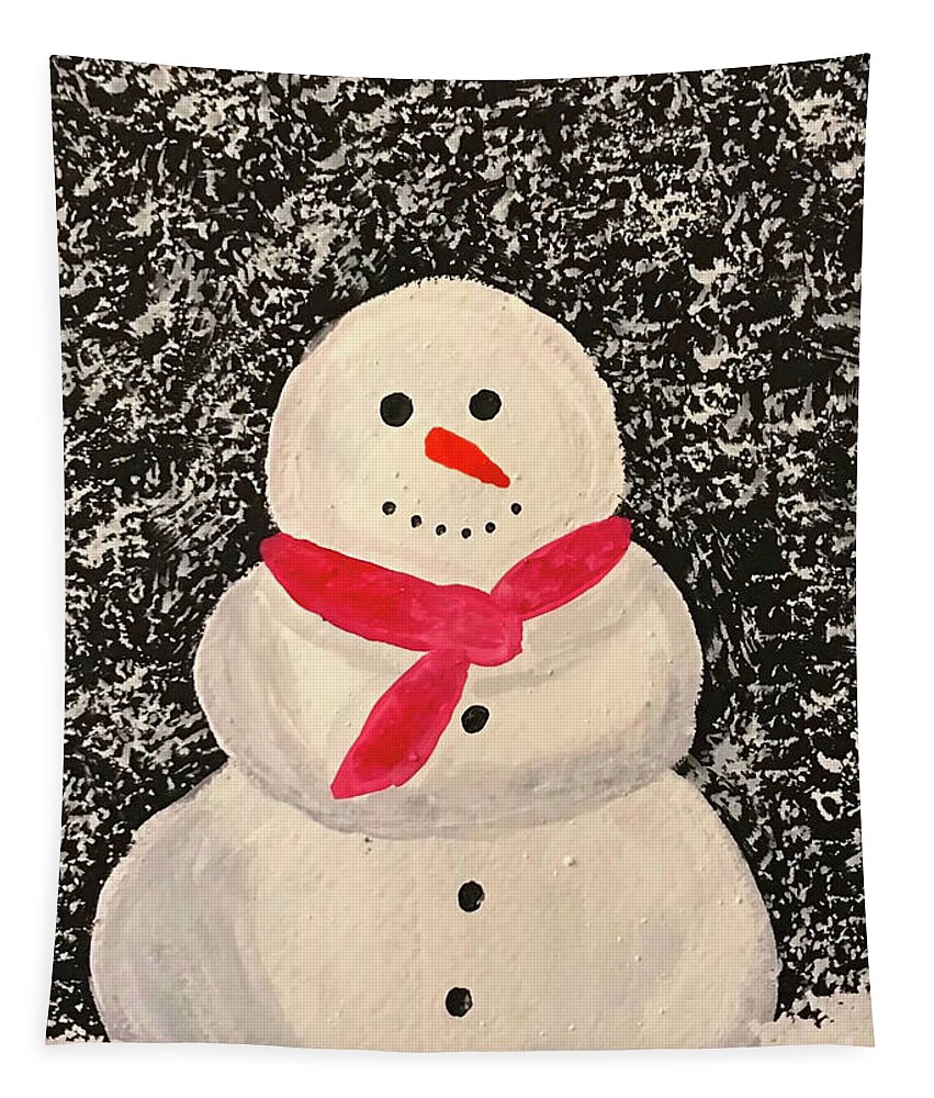 Snowman Tapestry featuring the mixed media Snowman with Red Scarf by Lisa Neuman