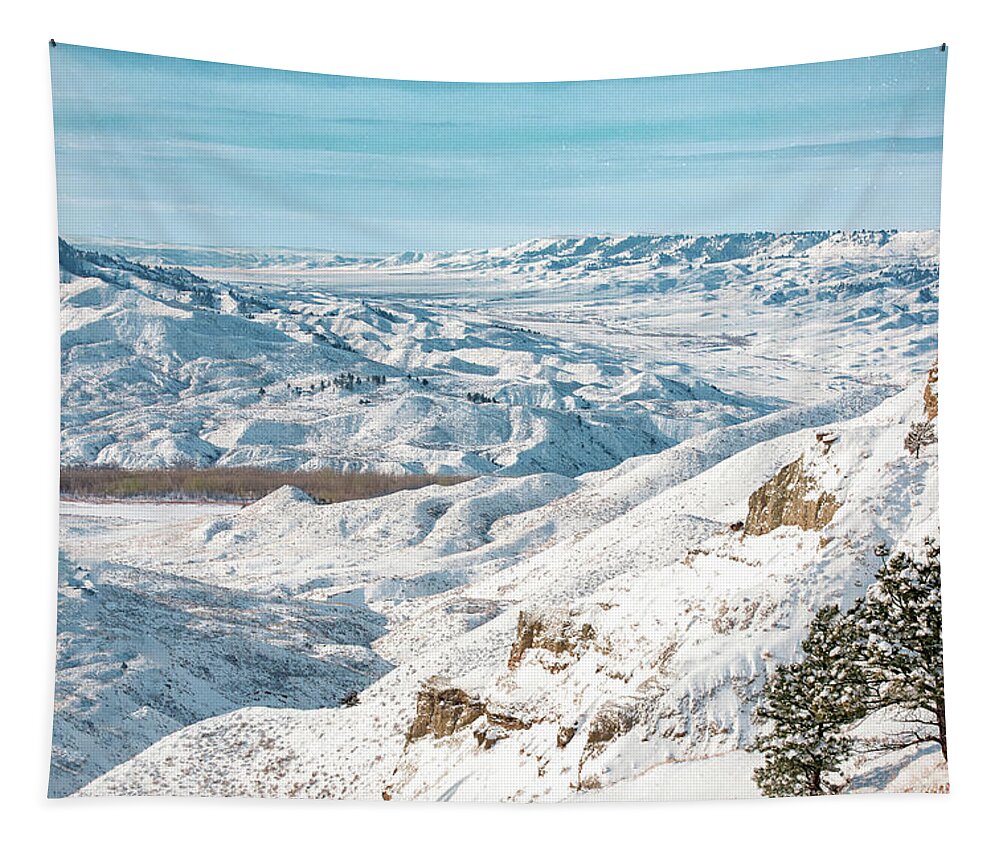 A Winter's View Of The Snowy Landscape In The Judith River Breaks Near Winifred Tapestry featuring the photograph Snowy Breaks by Todd Klassy