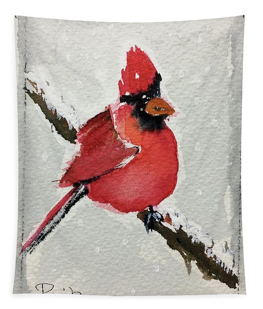 Grand Tit Tapestry featuring the painting Snowy Cardinal by Roxy Rich