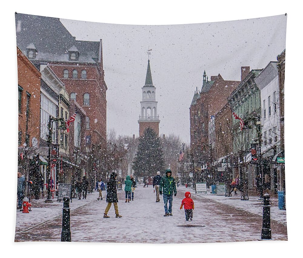 Town Tapestry featuring the photograph Snowy Christmas Eve on Church Street, Burlington, Vermont by Ann Moore