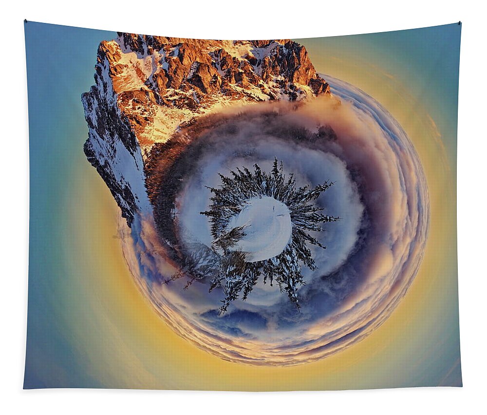 Montana Tapestry featuring the photograph Snowy Mountain Tiny Planet by Russ Harris