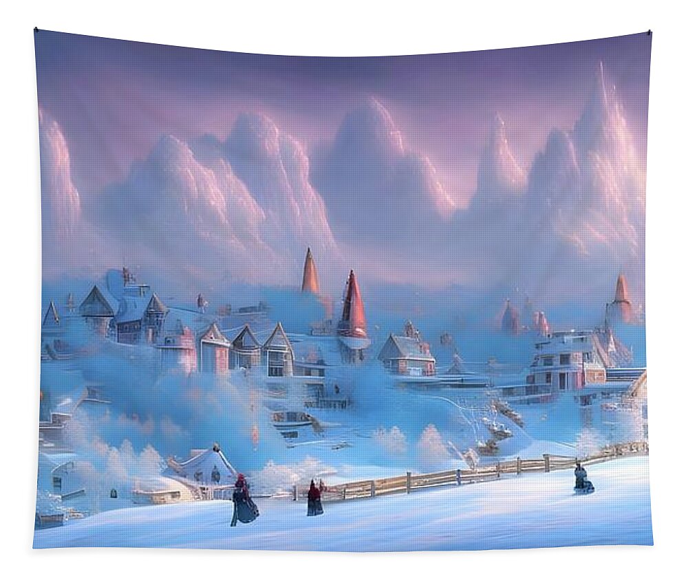 Digital Snow Morning Village Mountain Tapestry featuring the digital art Snowy Mountain Village by Beverly Read
