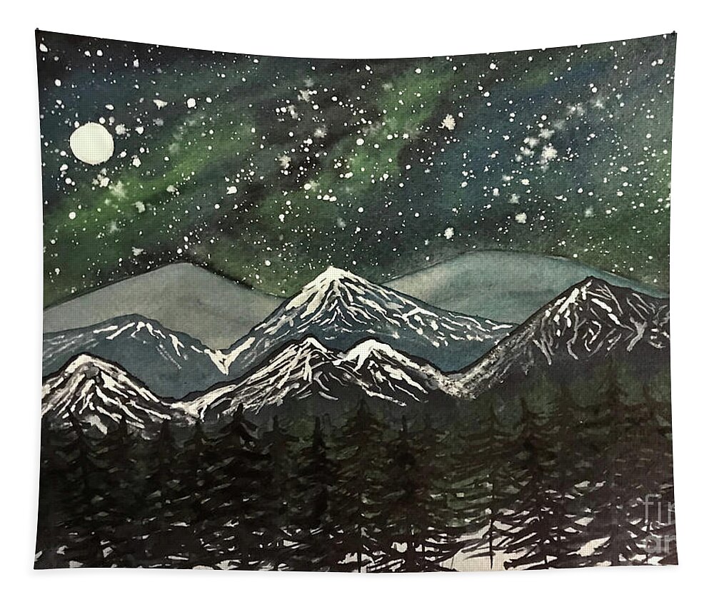 Snowy Mountains Tapestry featuring the painting Snowy Mountains with Aurora by Lisa Neuman