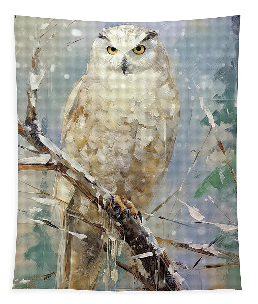 Snowy Owl Tapestry featuring the painting Snowy Owl in Winter by Tina LeCour