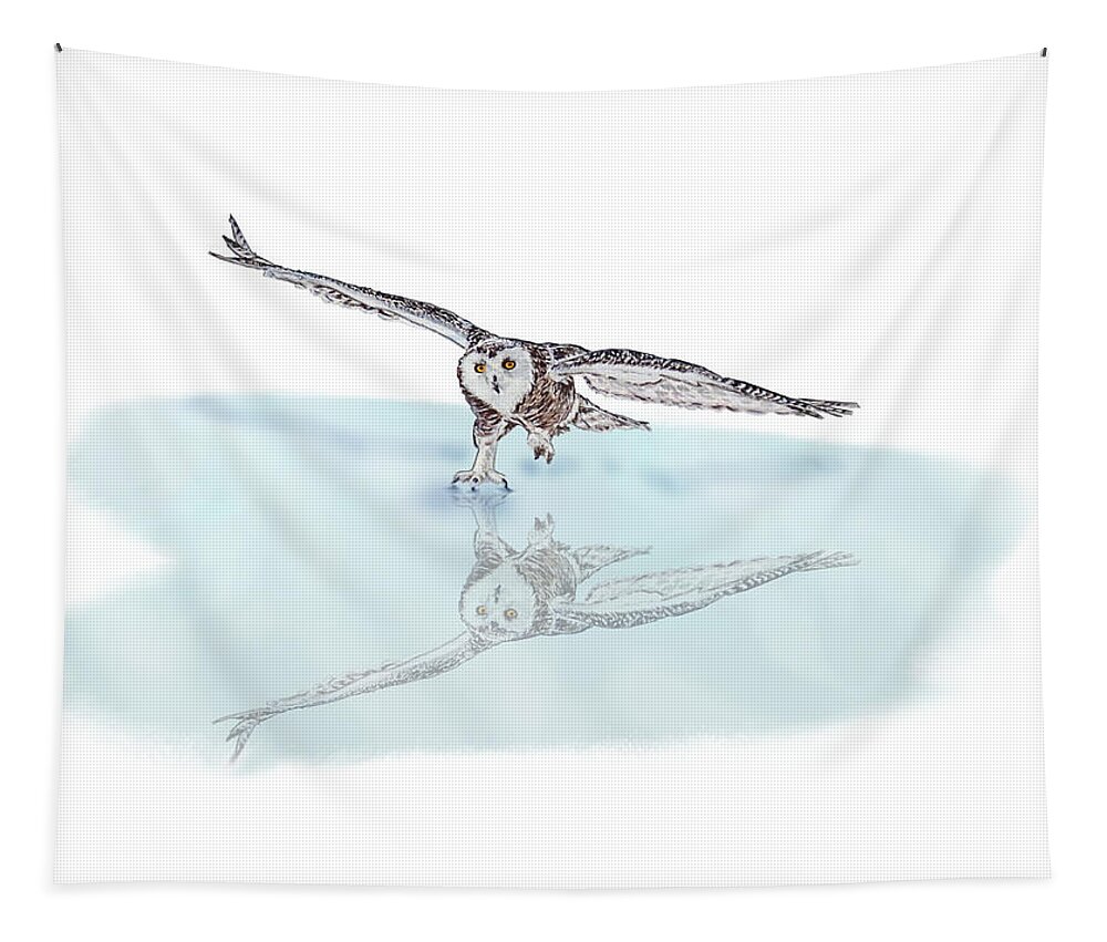 Snowy Owl Tapestry featuring the mixed media Snowy Owls Reflection by Kelly Mills