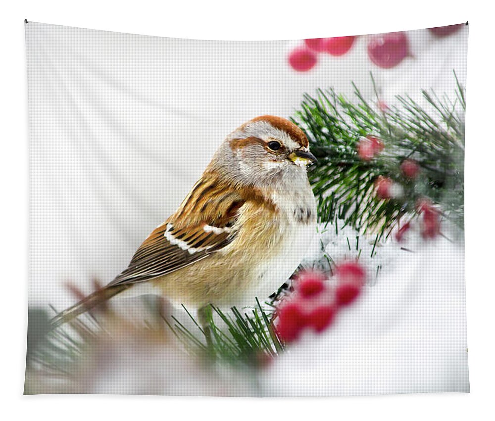 Sparrow Tapestry featuring the photograph Snowy Tree Sparrow by Christina Rollo