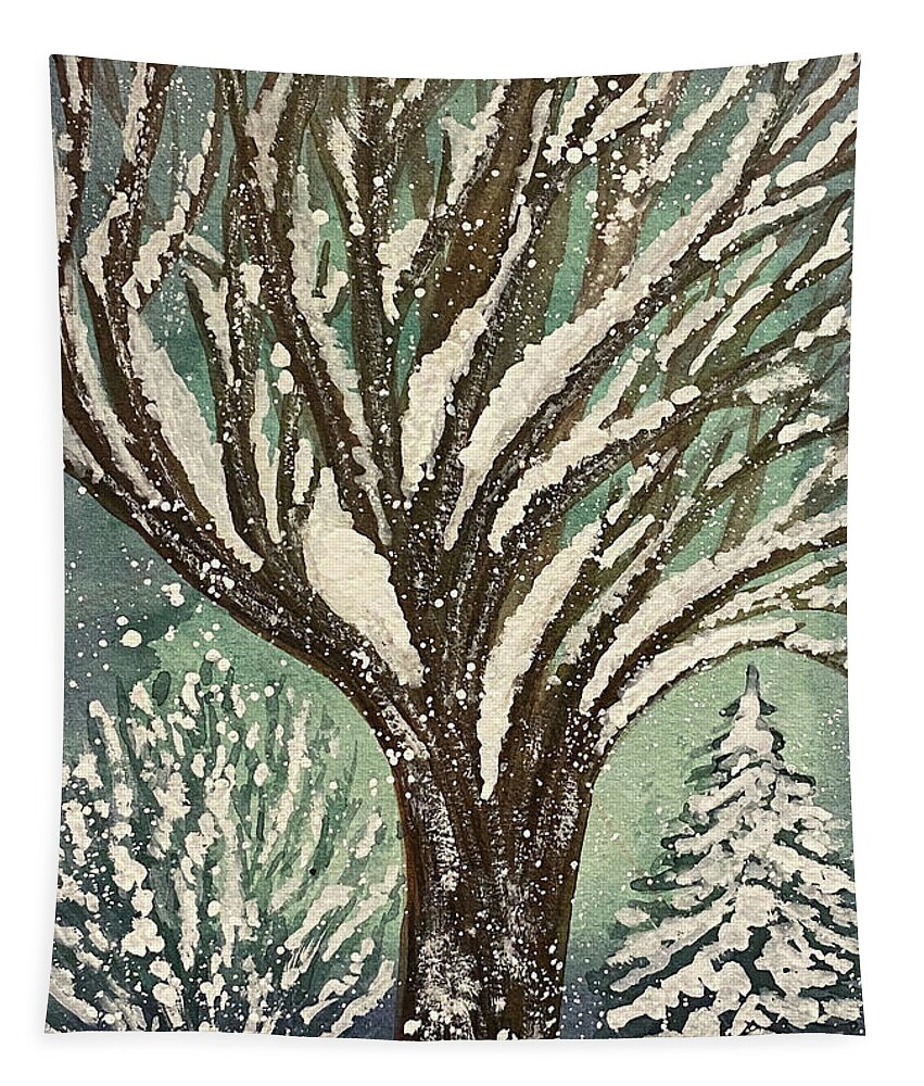 Snowy Yard Tapestry featuring the painting Snowy yard by Lisa Neuman