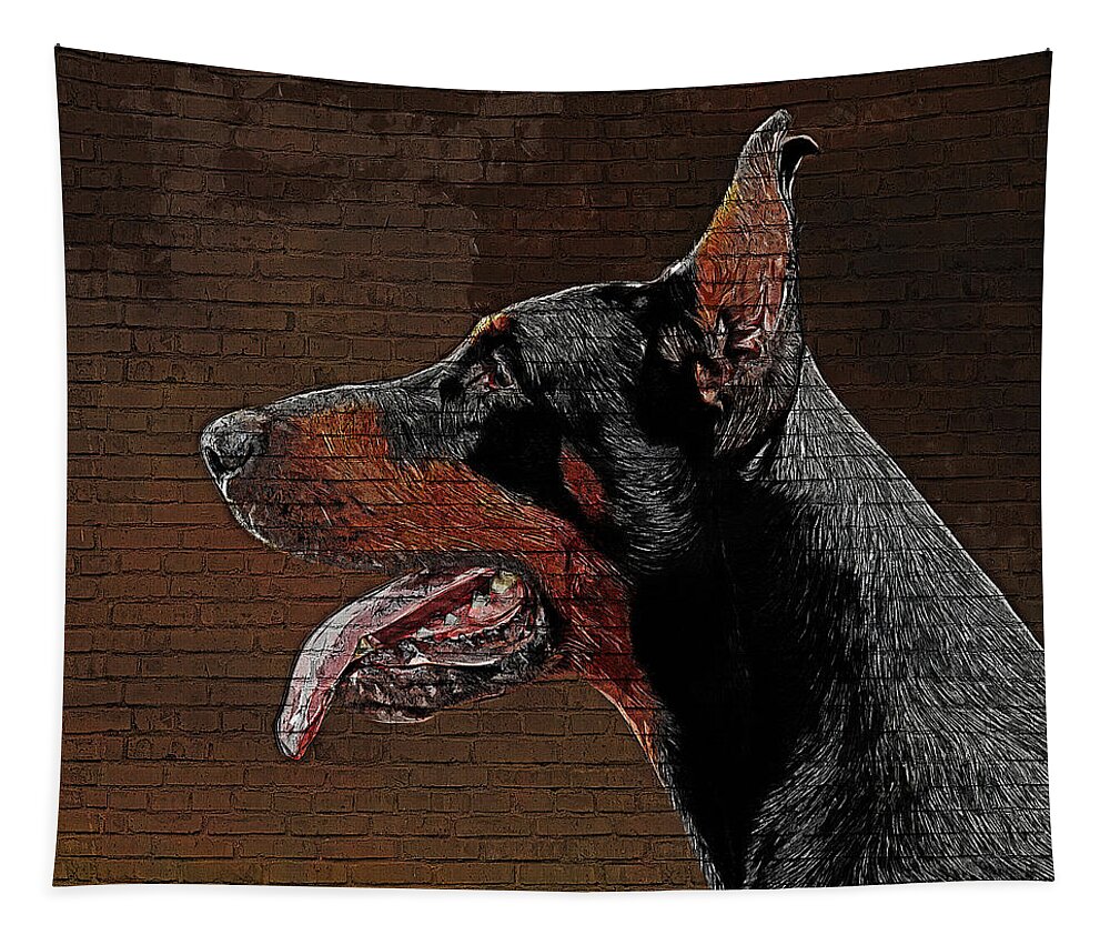 Dobermann Tapestry featuring the painting So cute but savage, Dobermann Pinscher Dog by Custom Pet Portrait Art Studio