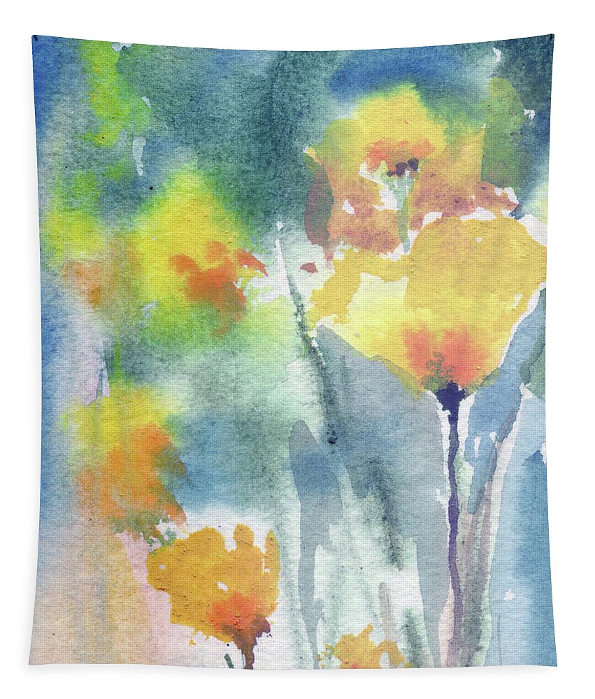 Abstract Flowers Tapestry featuring the painting Soft Yellow Poppy Field Watercolor Flowers Contemporary Artwork by Irina Sztukowski