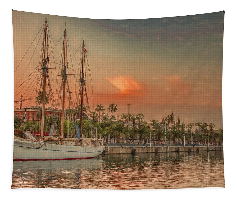 Barcelona Tapestry featuring the photograph Softly Comes the Sunset, Barcelona by Marcy Wielfaert