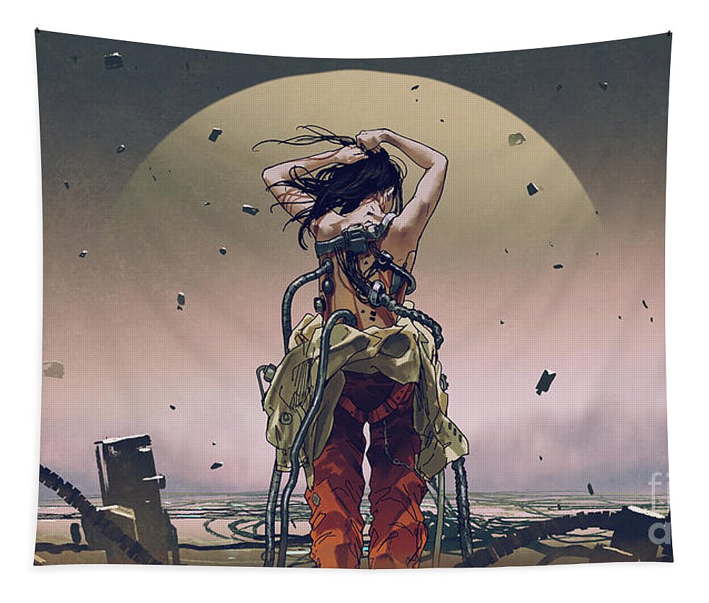 Illustration Tapestry featuring the painting Solar Charging Cyborg by Tithi Luadthong