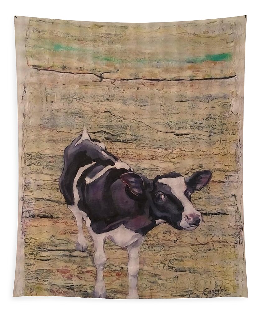 Cow Tapestry featuring the painting Something in the Way She MOOS by Jean Cormier
