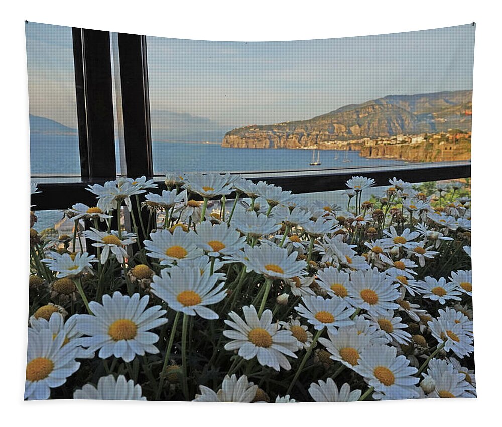 Sorrento Tapestry featuring the photograph Sorrento - View with Flowers by Yvonne Jasinski