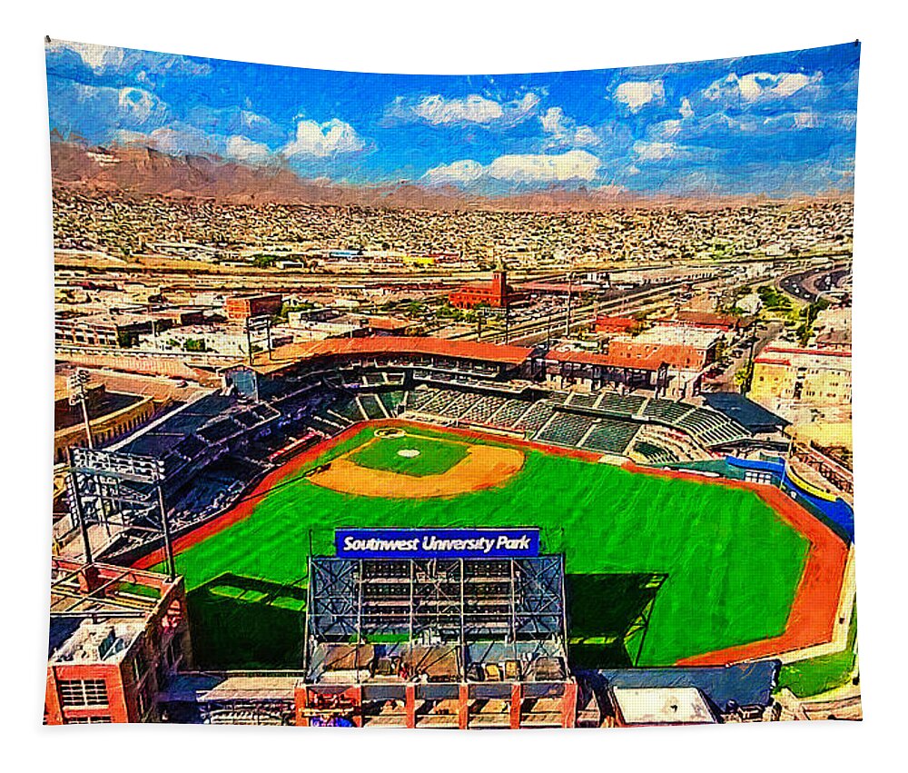 Southwest University Park Tapestry featuring the digital art Southwest University Park in El Paso, Texas - digital painting by Nicko Prints