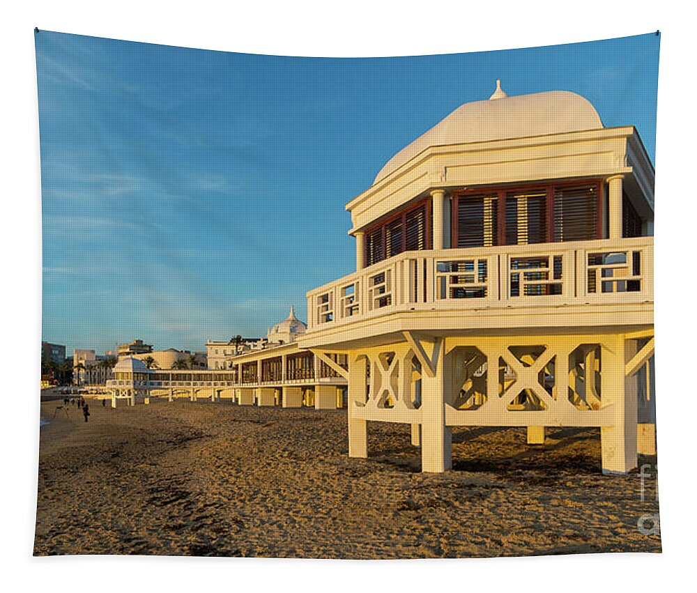 Seascape Tapestry featuring the photograph Spa at La Caleta under a Blue Sky Beach in Cadiz Andalusia by Pablo Avanzini