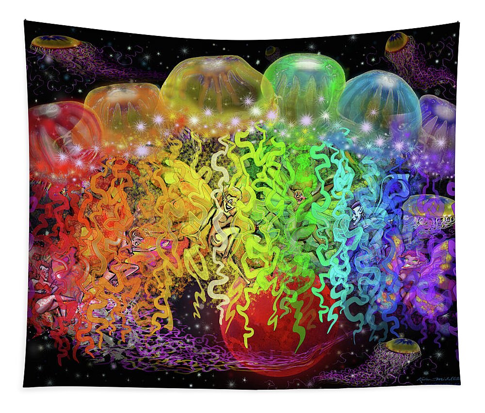 Space Tapestry featuring the digital art Space Pixies n Jellyfish by Kevin Middleton