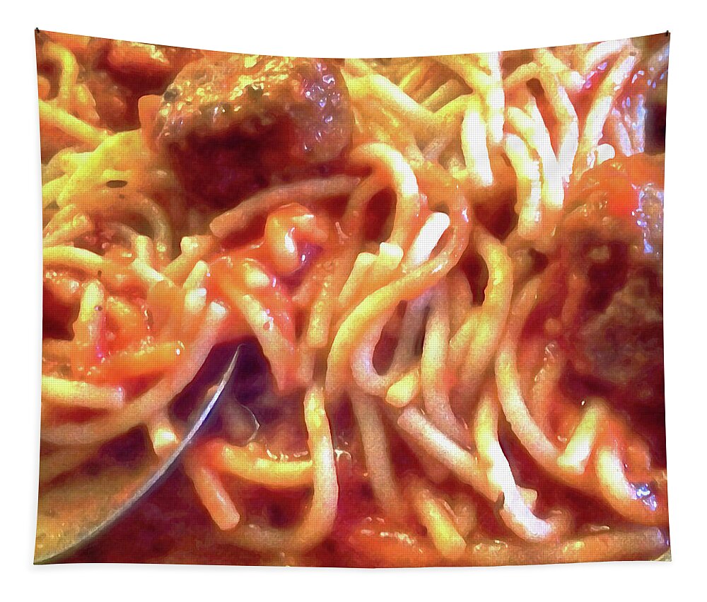 Spaghetti Tapestry featuring the digital art Spaghetti and Meatballs Dinner Up Close by Shelli Fitzpatrick