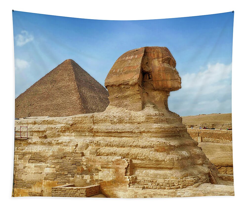 Cheops Tapestry featuring the photograph Sphinx and the Great pyramid of Khufu by Steve Estvanik