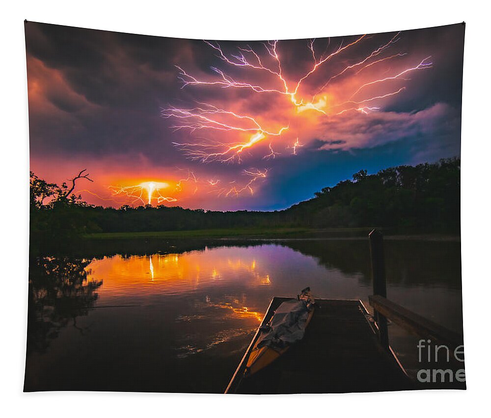 Spider Lightning Tapestry featuring the photograph Spider Lightning Reflected on Little Hunting Creek at Night by Jeff at JSJ Photography